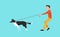 Vector Illustration: Young Man Walk the Dog Black and White Border Collie. The Dog Pulls on a Leash.