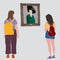 Vector illustration of young modern girls looking at picture in museum