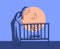 Vector illustration of a young mother and baby in crib at night. Woman leaned over to child, the child pulls hands to