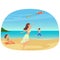 Vector illustration of the young mother flying a kite with the children on a beach.