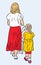 Vector illustration of young mother with her kids strolling together on summer day