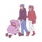 Vector illustration of young parents with baby in pram walking in wintertime.
