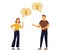 Vector illustration of Young people have idea. Couple having solution, ideas lamp bulb metaphor in speech bubble above. Solved