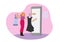 Vector illustration of a young woman choosing a dress in a store from a smartphone. She buys clothes online