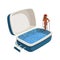 Vector illustration of young woman with a cocktail, stepping into the swimming pool in the open suitcase. Travel