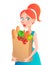 Vector illustration. Young woman holding paper bag of groceries. Girl with vegetables in supermarket.