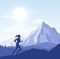 Vector illustration of young woman running in the mountains. Sport, health life concept, girl silhouette going to the