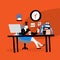Vector illustration of young women sitting on her workplace and watching phone. Procrastination. Flat cartoon style. Red