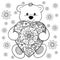 Vector illustration zentagl, a teddy bear enamored with the heart among flowers. Doodle drawing. Meditative exercises. Coloring bo