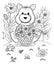 Vector illustration zentangl boy in the flowers on his lap rabbit. Doodle drawing. Coloring book anti stress for adults. Meditativ