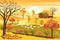 Vector illustrationn of panorama autumn landscape in english countryside with forest trees and leaves falling,Panoraic of farm fie