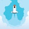 Vector illustrationof Rocket fly above clouds in the blue sky. Startup a business, new idea, creative, success, vision concept