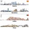 Vector illustrations of Madrid, Barcelona, Lisbon and Porto city skylines. Maps and flags of Spain and Portugal