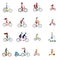 Vector illustrations of people on bicycle, child bike seat and kick scooter