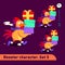 Vector illustrations set includes three running poses of rooster character with different emotions carying gift boxes