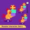 Vector illustrations set includes three running poses of rooster character with different emotions carying gift boxes in