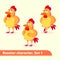 Vector illustrations set includes three standing poses of rooster character in funny cartoon style
