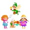 Vector illustrations set Merry Christmas Happy new year, girl sing holiday songs with pets, cat and dog enjoy presents