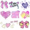 Vector illustrations of trendy prints for clothes for girls and woman. Compositions with bows, hearts and fonts