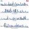 vector illustrations of United States city skylines in tints of blue color palette with map and flag of United States