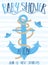 Vector image of an anchor and paper boat with the inscription Baby Shower on a striped blue background. Illustration on the sea th