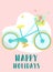 Vector image of a bicycle with basket, flowers and butterflies on a pink background. Hand-drawn Easter illustration of a bike for