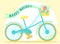 Vector image of a bicycle with basket, flowers, ribbon and butterflies on a pink background. Hand-drawn Easter illustration for s