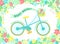 Vector image of a bicycle with basket, flowers, ribbon on a pink background with wreath. Hand-drawn Easter illustration for spring