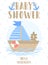 Vector image of a boat and sail with the inscription Baby Shower on the background of blue triangles. Illustration on the sea them