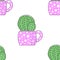 Vector image bright cactus in a flower pot with polka dots. Seamless pattern.