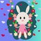 Vector image of a bunny on a swing in a cloud. Bunny in flowers and hearts. Vector illustration for openings, banners, spaces.