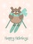 Vector image of a cartoon owl on skis in a scarf. Winter New Year and Christmas illustration. Hand-drawn greeting card against the