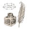 Vector image carved inkwells and beautiful writing pen and inkwell and pen inscription