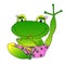 Vector image cheerful green frog in pink panties.