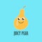 Vector image of a cheerful pear with a smile and an inscription on a bright blue background