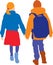 Vector image of colorful silhouettes of little girl and boy walking outdoors together