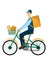 Vector image of the courier on the bike. Young driver with an order on the bicycle. Illustration of the delivery. Online shopping