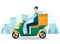 Vector image of the courier on the scooter. Young driver with an order on the motorcycle. Delivery illustration. Online shopping