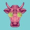 Vector image of a cow with glasses. Cow painted in pink on a turquoise background.