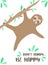Vector image of a cute dancing sloth on the branch. Hand-drawn cartoon illustration for children, tropical summer, holiday, card,