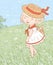 Vector image of a cute little girl walking on camomile meadow on summer day