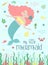 Vector image of a cute mermaid and sea creatures underwater. Nautical hand-drawn illustration for girl, birthday, holiday, summer