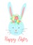 Vector image of a cute rabbit with flowers on the head with an inscription. Hand-drawn Easter illustration of a bunny for spring h