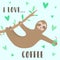 Vector image of a cute sloth and hearts. Hand-drawn cartoon illustration for children, tropical summer, holiday, card, banner,