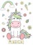 Vector image of a cute unicorn with hearts, flowers, rainbow, diamonds and the inscription Magical. Concept of holiday, baby showe