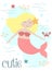 Vector image of a cutie little mermaid with blonde hair with a starfish and a crab under water. Marine hand-drawn illustration for