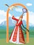 Vector image of a dancing girl in a Kazakh national costume on the background of mountains and a flying bird