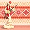 Vector image of a dancing girl playing a musical instrument - dombra, in a Kazakh national costume, holiday card, Nauryz