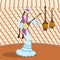 Vector image of a dancing girl playing a musical instrument - dombra, in a Kazakh national costume with orna, holiday card, Nauryz