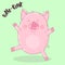Vector image of a dancing pig on a green background with the words oink. Illustration for New Year, Christmas, prints, invitations